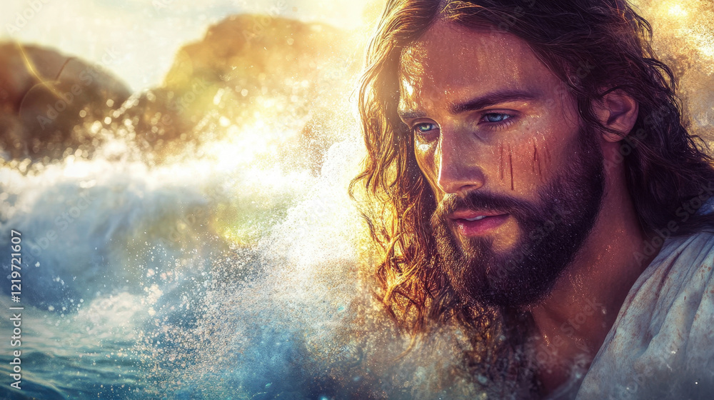 Fototapeta premium Jesus by the Ocean with Crashing Waves