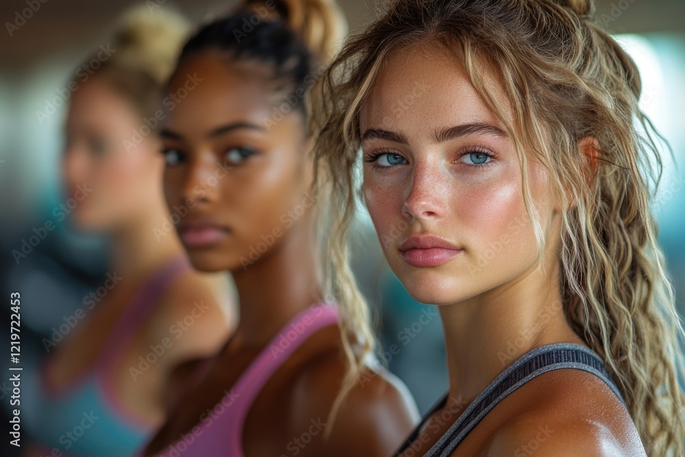 Group of women standing side by side, various expressions Group of women standing side by side, various expressions