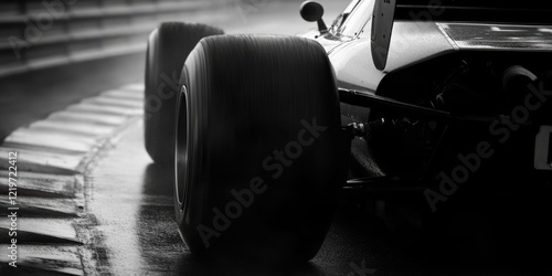 A classic racing car captured in a black and white photo