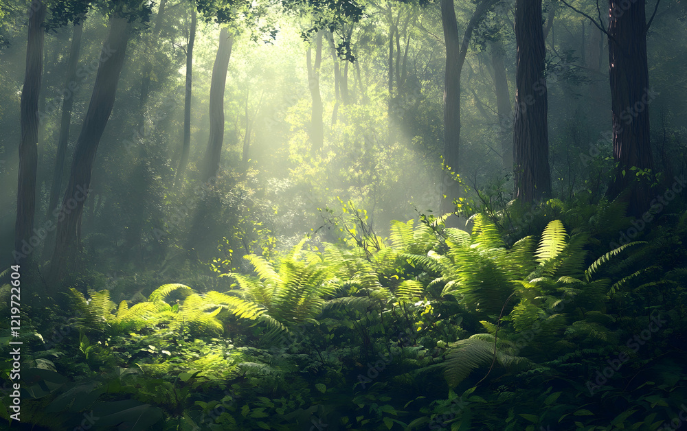 Sunlit woodland scene with vibrant ferns, highlighting lush natural beauty Sunlit woodland scene with vibrant ferns, highlighting lush natural beauty