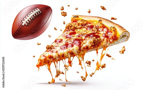 Hot and fresh supreme pizza slice tossed in the air, drenched in spicy buffalo sauce, an American football in motion, mouthwatering Super Bowl food concept, clean white background photo