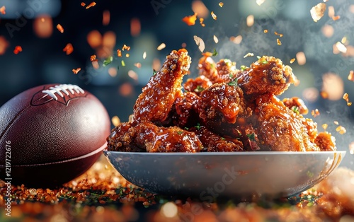 Hot and crispy fried chicken wings with vibrant ranch and buffalo sauce splashes, an American football dramatically placed in the scene, energetic and mouthwatering Super Bowl concept, bright setting