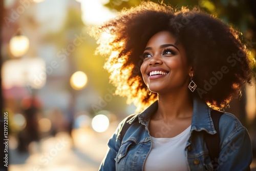 Smiling adult plump female with Afro hairstyle looking away in town in back lit photo