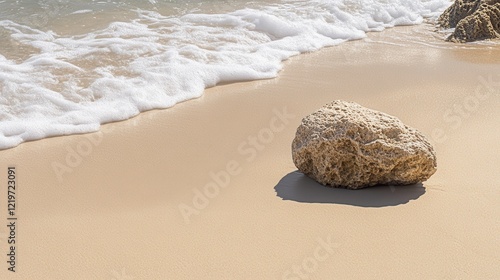 Rock on Sandy Beach with Gentle Waves and Light Background