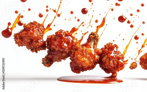 Korean fried chicken with gochujang sauce splashes on a white background