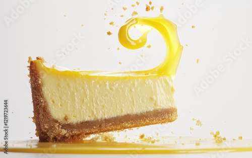 Lemon cheesecake slice flying mid-air, with a swirl of lemon curd, bright white background