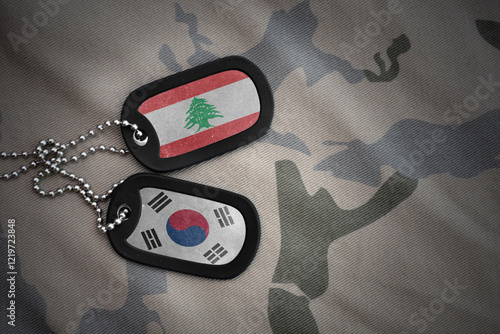 vintage army blank, dog tag with flag of lebanon and south korea on the khaki texture background. military concept. photo