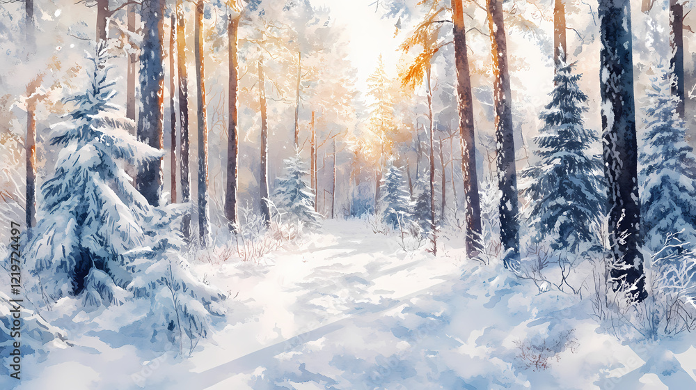 Fototapeta premium Winter spruce forest with the snow-covered spruces hand drawn in watercolor isolated on a white background. watercolor winter illustration. winter landscape. Winter Woods. Illustration