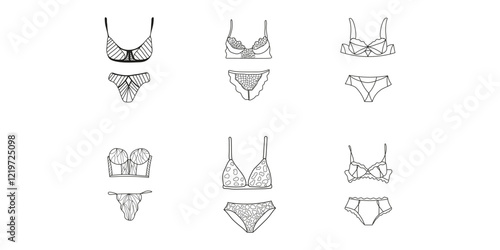 Swimming suits set. Doodle bikini collection. Modern and classic style swimwear sketches. Plus siaze swimsuits set.