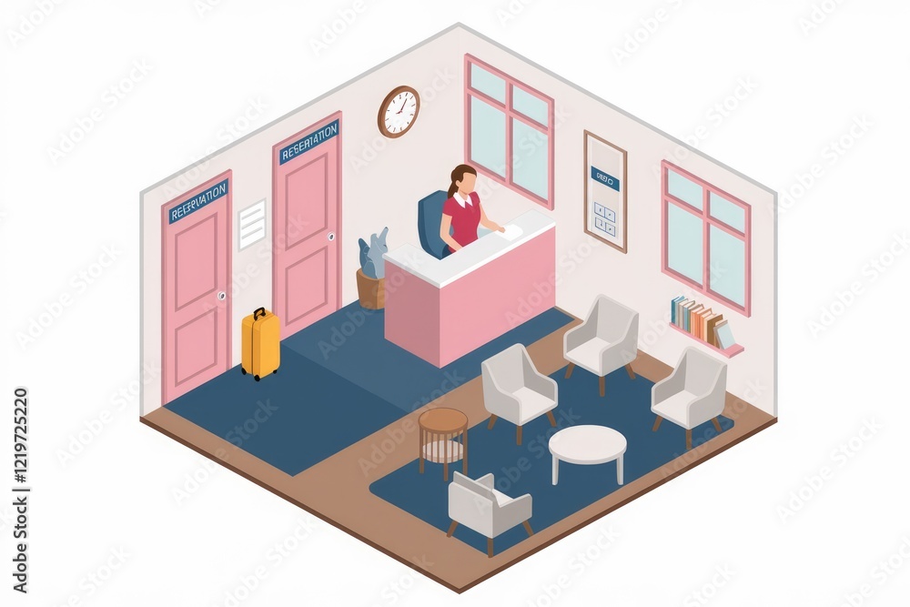 Reception area with a receptionist waiting chairs and a suitcase Reception area with a receptionist waiting chairs and a suitcase