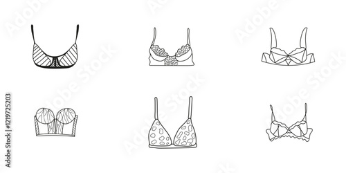 Swimming suits set. Doodle bra collection. Modern and classic style top sketches. Plus siaze swimsuits set.