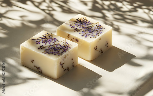 Two artisanal soap bars decorated with lavender flowers, presented as a product photo for wellness and beauty brands photo