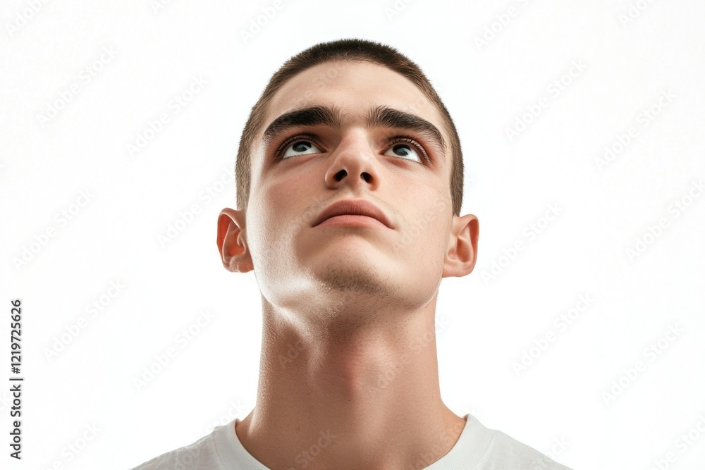 Fototapeta premium A man in a white shirt looking upwards, possibly contemplating or searching for something