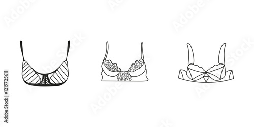 Swimming suits set. Doodle bra collection. Modern and classic style top sketches. Plus siaze swimsuits set.