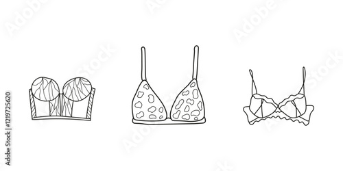 Swimming suits set. Doodle bra collection. Modern and classic style top sketches. Plus siaze swimsuits set.