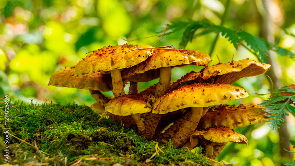 Honey agaric mushrooms grow in moss in the forest Honey agaric mushrooms grow in moss in the forest