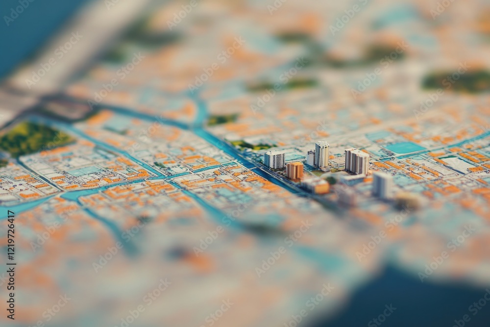 Naklejka premium A close-up view of a city map showing streets and landmarks