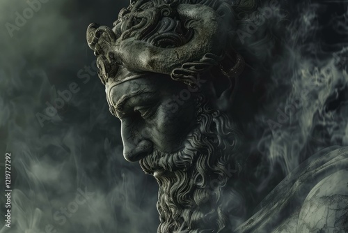 Majestic ancient god statue with crown emerging from a dark, smoky, and misty atmosphere, creating a mysterious and dramatic scene