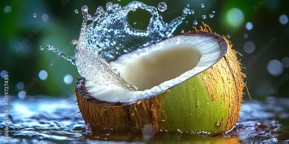 Refreshing Coconut Splash with Water Droplets Refreshing Coconut Splash with Water Droplets