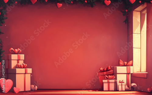 Valentinea??s Day gifts set against a love-themed backdrop with ample space for text photo