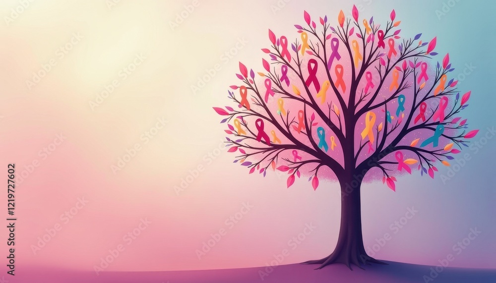 Obraz premium Vibrant Tree Ribbon Art Brings Pink and Blue Awareness to Breast Cancer Fight on World Cancer Day