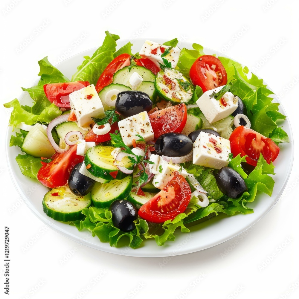 White plate is filled with fresh ingredients composing a greek salad, drizzled with olive oil White plate is filled with fresh ingredients composing a greek salad, drizzled with olive oil
