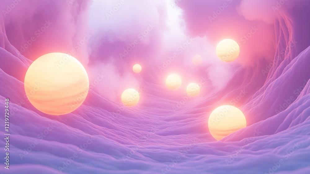 A dreamlike landscape of floating glowing orbs surrounded by swirling fog that transitions through a spectrum of calming hues like lavender and peach A dreamlike landscape of floating glowing orbs surrounded by swirling fog that transitions through a spectrum of calming hues like lavender and peach