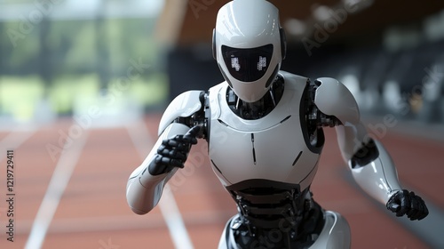 Futuristic humanoid robot sprinting on a track with athletic design and advanced technology photo