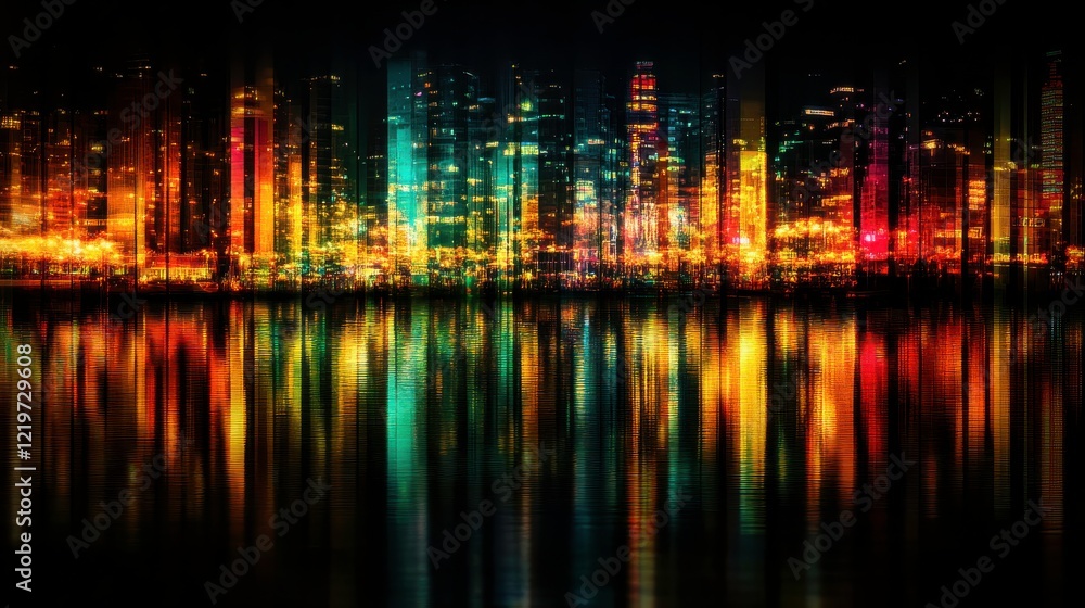 Fototapeta premium Vibrant Cityscapes Reflecting in Evening Water Light