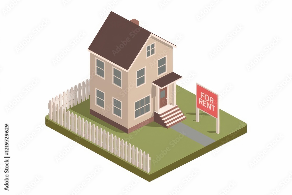 A suburban house with a white picket fence a red For Rent sign and a front yard. A suburban house with a white picket fence a red For Rent sign and a front yard.