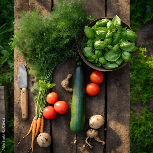  Fresh garden vegetables with basil and knife on rustic wooden table, outdoor setting photo