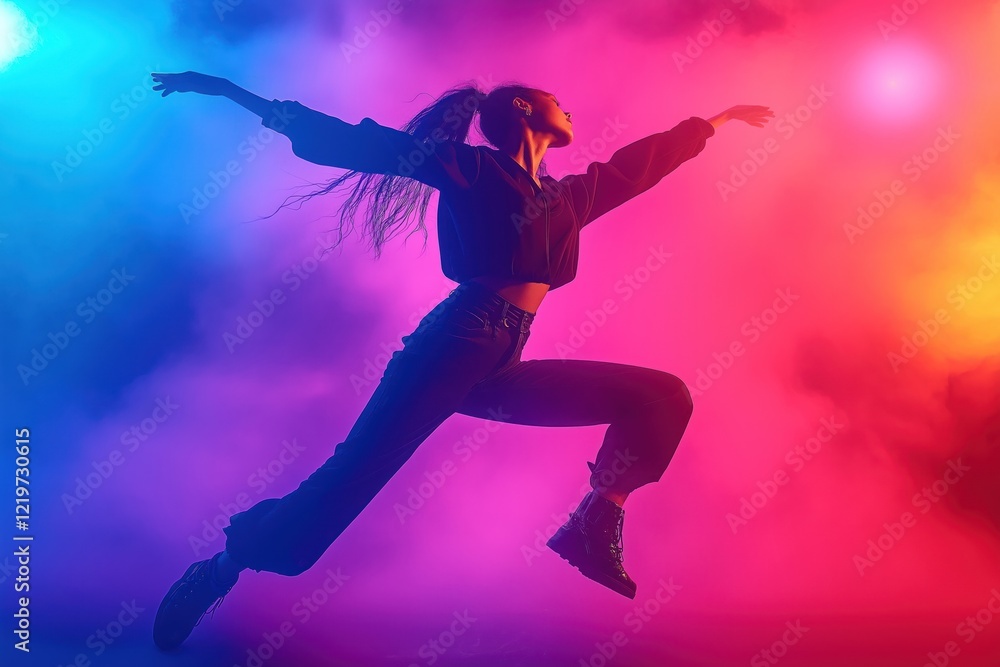 Young woman dances dynamically against vibrant neon backdrop. Modern dancer performs contemporary dance in smoke filled studio. Cool, fashionable style with dark clothes, bold colors. Stylish Young woman dances dynamically against vibrant neon backdrop. Modern dancer performs contemporary dance in smoke filled studio. Cool, fashionable style with dark clothes, bold colors. Stylish