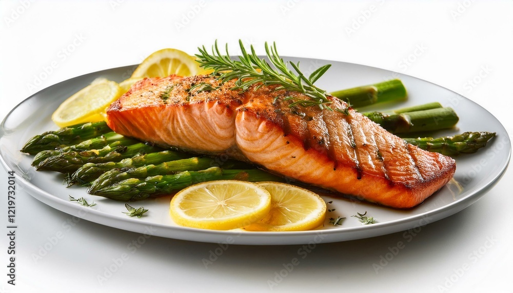grilled salmon with asparagus lemon slices and herbs on a white plate grilled salmon with asparagus lemon slices and herbs on a white plate