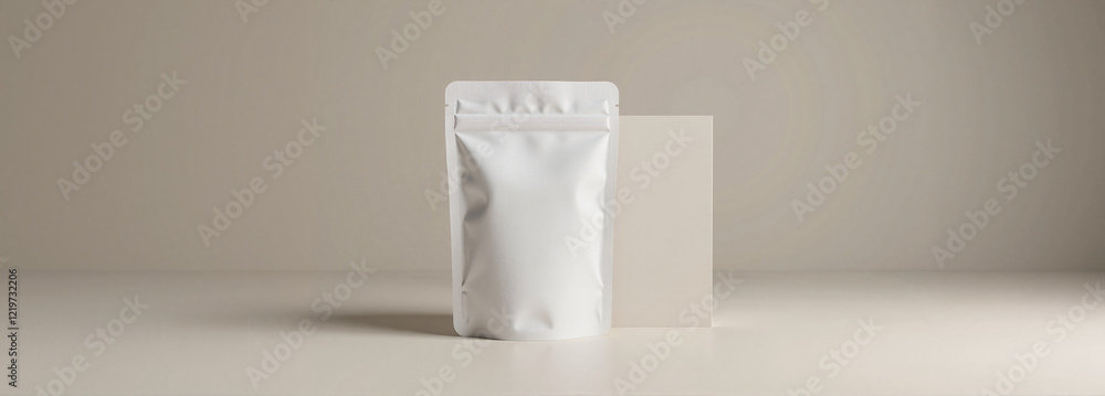 Sachet mockup on neutral background with blank card Sachet mockup on neutral background with blank card