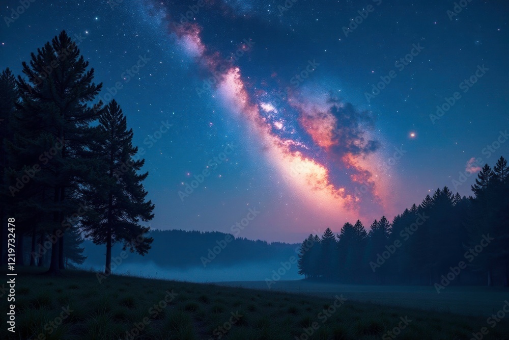 Fototapeta premium Comet's tail illuminates a tranquil forest landscape under starry skies, serene, trees, nature