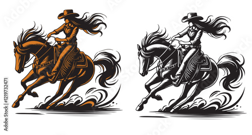 Vector cowgirl riding horse