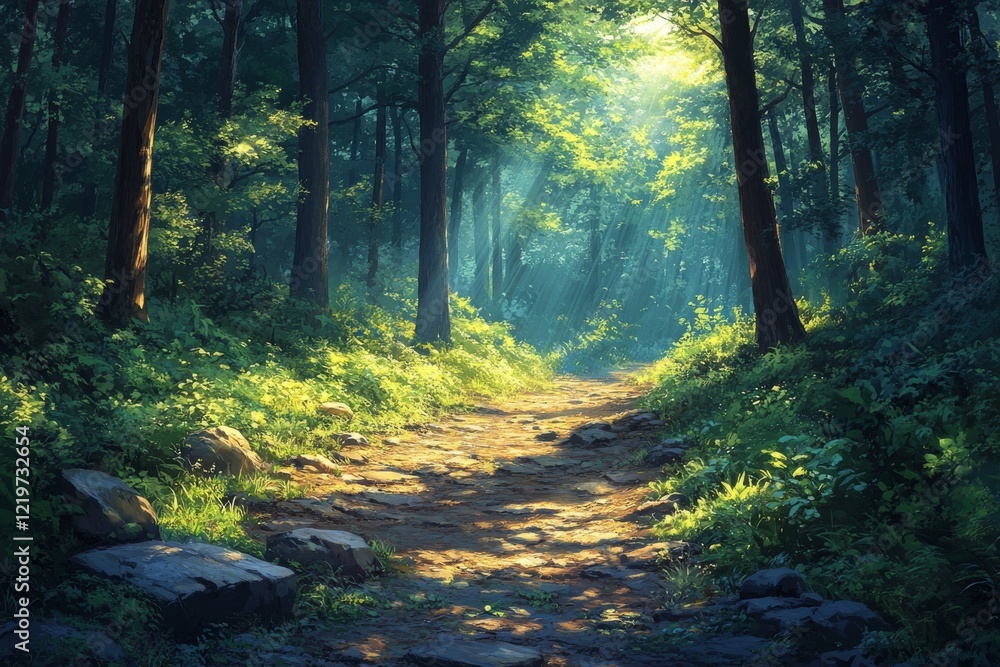 Fototapeta premium Serene Hiking Trail Adventure in Sunlit Forest with Winding Path through Dense Foliage and Trees