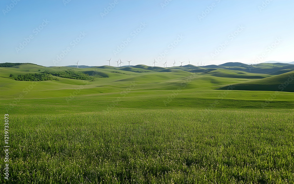 Wide-open field of rolling green hills with distant wind turbines harnessing renewable energy under clear skies