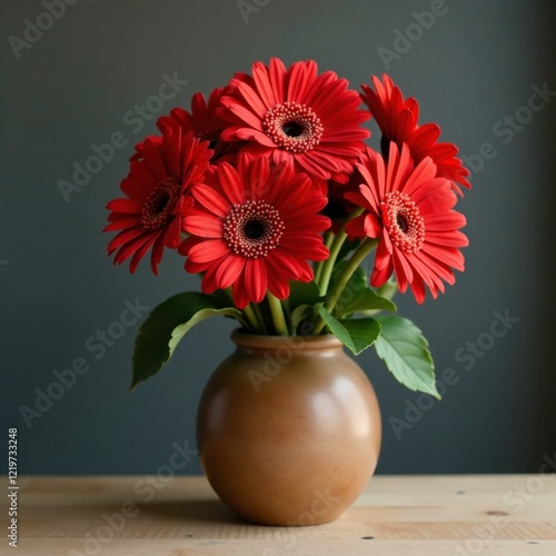 Wallpaper Mural loose bunch of red gerbera flowers in a wooden vase, earthy tone, natural look, red gerbera Torontodigital.ca