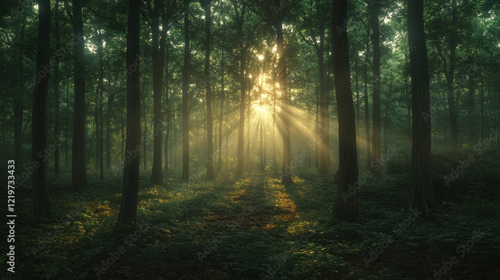 Fototapeta premium Sun rays through forest.