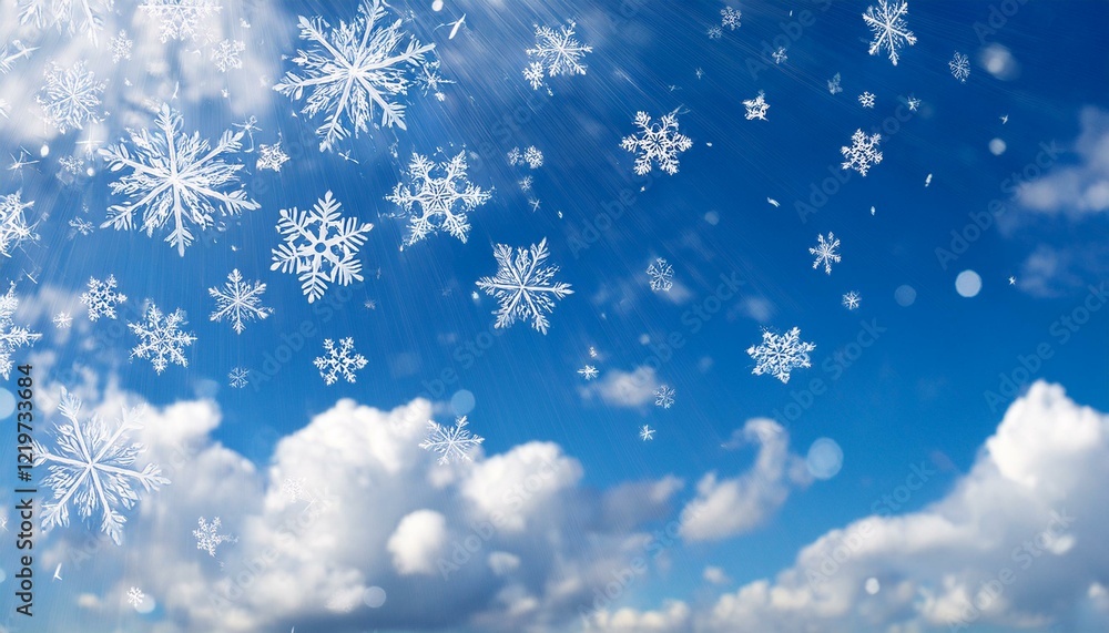 falling snow flakes closeup of flying ice crystals blue sky with clouds bokeh background falling snow flakes closeup of flying ice crystals blue sky with clouds bokeh background