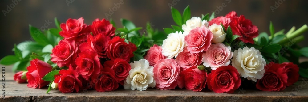 Loose bunches of red and white carnations tied with twine on a rustic wooden base, garden, natural, floral Loose bunches of red and white carnations tied with twine on a rustic wooden base, garden, natural, floral