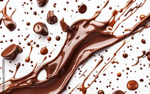 Playful neon chocolate smears and splashes forming abstract streaks, glossy finish on a clean white backdrop photo