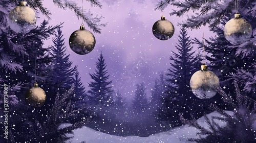 A simple, stylized illustration of a snowy winter scene with pine trees and ornaments. Winter Woods. Illustration photo