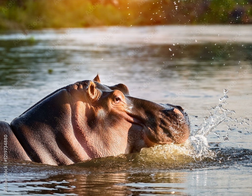 Fototapeta premium close up portrait of an african hippopotamus in a river during a safari tour water splashing