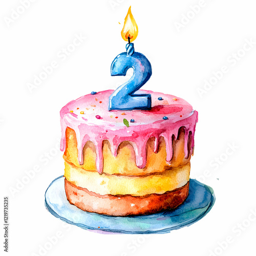 A layered birthday cake with pink icing and a lit 