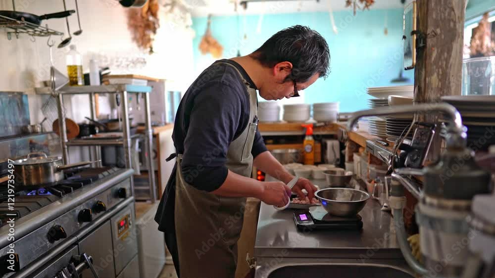 オープンキッチンで料理をする男性 オープンキッチンで料理をする男性