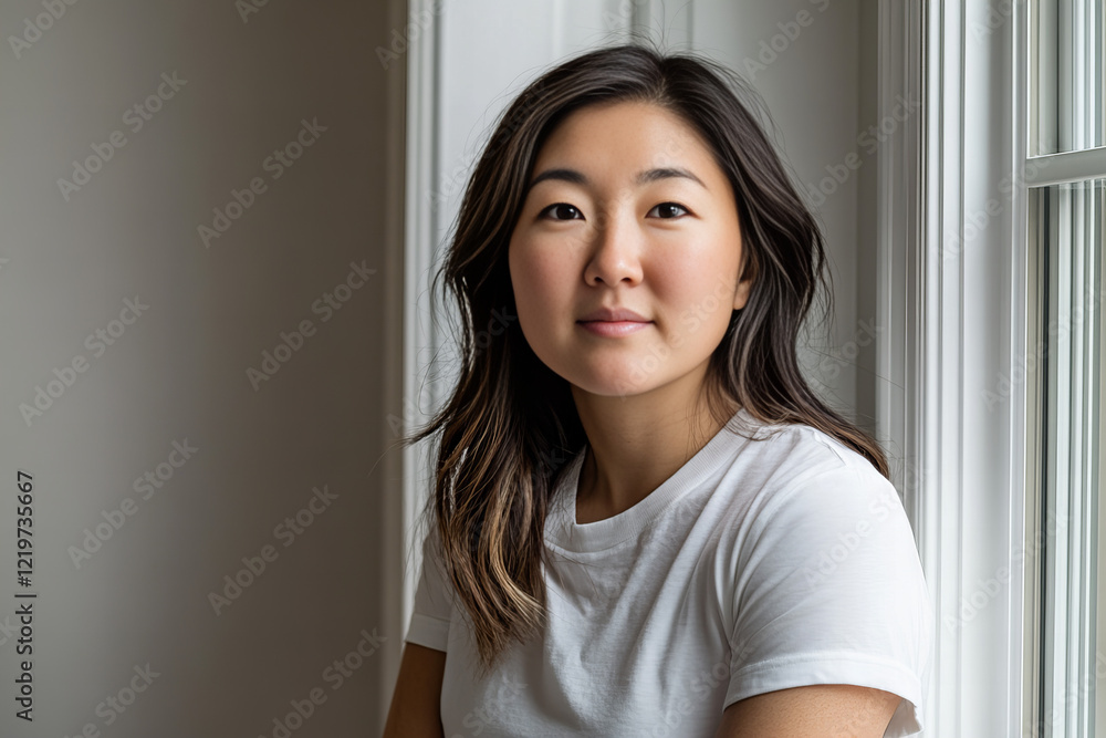 Natural portrait of an Asian woman in a white t-shirt with soft lighting, minimal makeup, and long flowing hair, conveying simplicity, beauty, and confidence Natural portrait of an Asian woman in a white t-shirt with soft lighting, minimal makeup, and long flowing hair, conveying simplicity, beauty, and confidence