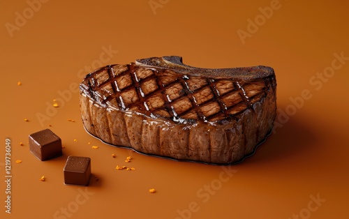 A thick-cut porterhouse steak with golden grill marks, resting on a rustic gradient from chocolate brown to dusty orange photo