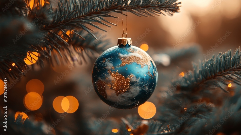 A festive ornament shaped like a globe on a Christmas tree. Ideal for themes of global unity, holiday celebrations, and festive greetings.